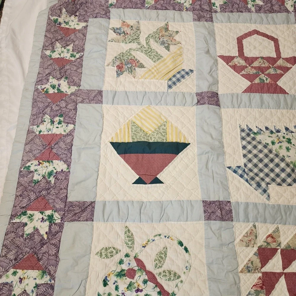 Vintage‎ Quilted Patchwork Baskets, Flowers, Purple, Blue 56x46. See Photos!!